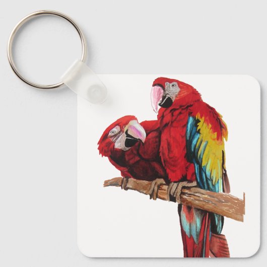 Red Macaw Parrot Waterverf Sleutelhanger (Voorkant)