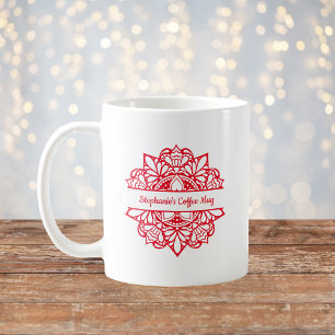 Red Mandala Art Persoonlijke naam Coffee Mok
