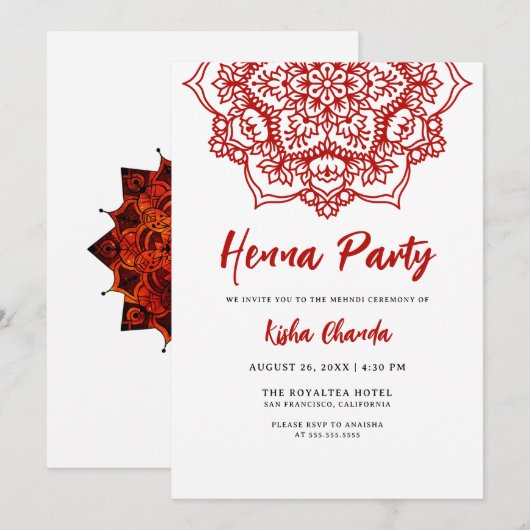 Red Mandala Mehndi Henna Party Kaart (Voorkant / Achterkant)