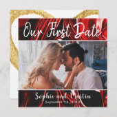 Red Marble Our First Date Photo Couple Kaart (Voorkant / Achterkant)