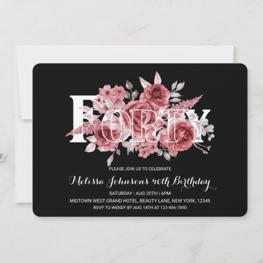 Red Maroon Groen Bloemen 40e Zwarte Verjaardag Kaart (Voorkant)