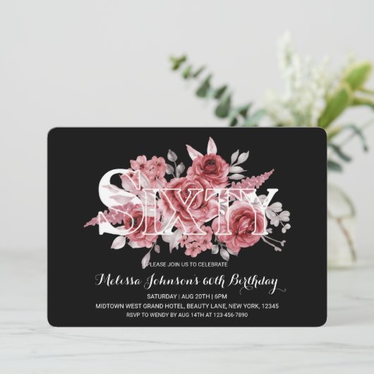 Red Maroon Groen Bloemen 60e Zwarte Verjaardag Kaart (Staand voorkant)