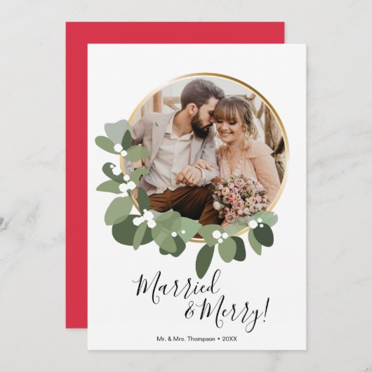 Red Married en Merry foto met 1 Kerstmis Feestdagenkaart (Voorkant / Achterkant)