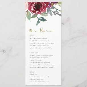 RED MARSALA BLUSH ROSE WATERCOLOR FLORAL WEDDING MENU