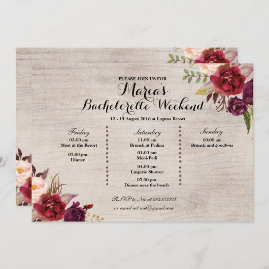 Red Marsala Herfst Bachelorette Party reisweg Programma (Voorkant / Achterkant)