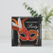 Red Mask Black Red Masquerade Party Kaart (Staand voorkant)