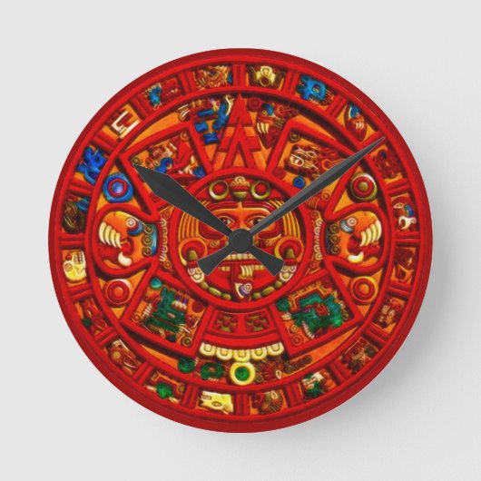 Red Mayan Sun Disk Aztec History Clock Ronde Klok (Voorkant)