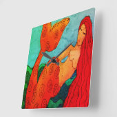 Red Mermaid Abstracte Art Vierkante Klok (Hoek)