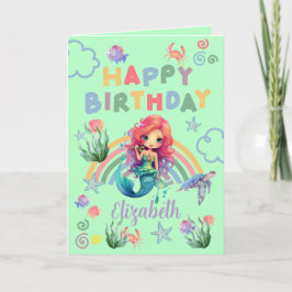 Red Mermaid Birthday Card in Green Kaart