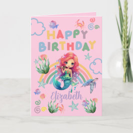 Red Mermaid Birthday Card in Pink Kaart