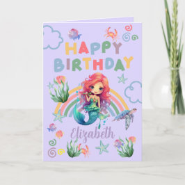 Red Mermaid Birthday Card in Purple Kaart