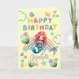 Red Mermaid Birthday Card in Yellow Kaart