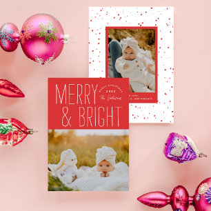 Red Merry & Bright Typografisch kerstfoto Feestdagenkaart