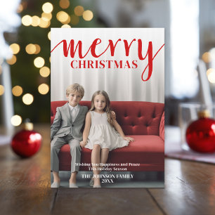 Red Merry Calligraphy - vertical Photo white type Feestdagenkaart