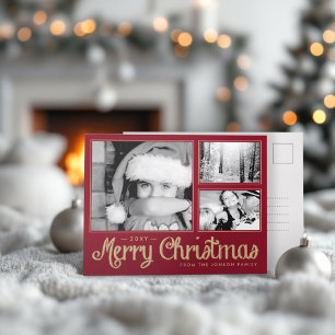 Red Merry Christmas 3 Photo Modern Postcard Feestdagenkaart