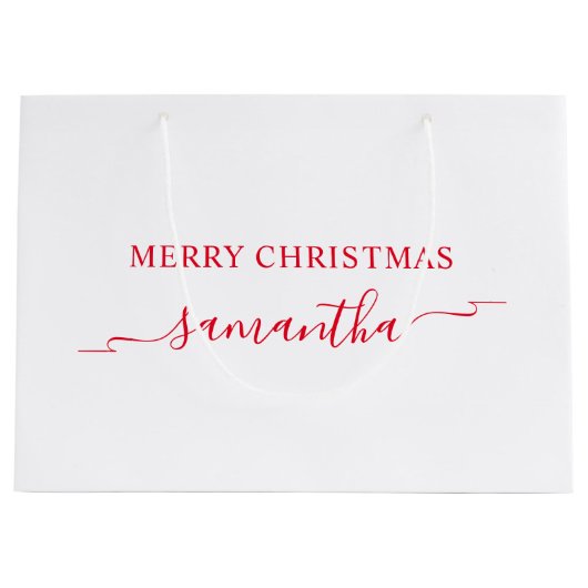 Red Merry Christmas Ribbon Swash Handtekening Naam Groot Cadeauzakje (Voorkant)