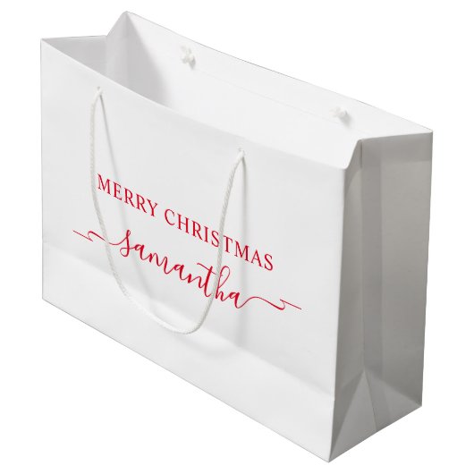 Red Merry Christmas Ribbon Swash Handtekening Naam Groot Cadeauzakje (Voorkant Gekanteld)