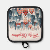 Red Merry Christmas Winter Village Pannenlap (Voorkant)