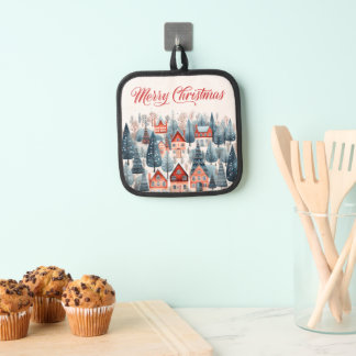 Red Merry Christmas Winter Village Pannenlap