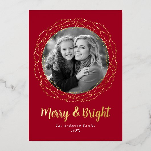 Red Merry en Bright Photo Folie Feestdagenkaart (Voorkant)