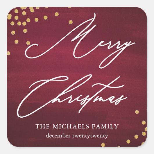 Red Merry kerst Elegant script met Faux Gold Vierkante Sticker (Voorkant)