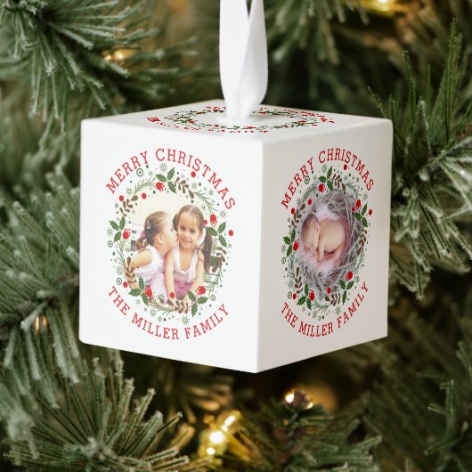 Red Merry Kerstmis, florale feestfoto Kubus Ornament (Boom)