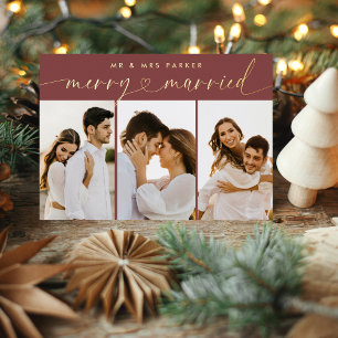 Red Merry & Married Heart Script Kerstfoto Folie Feestdagenkaart