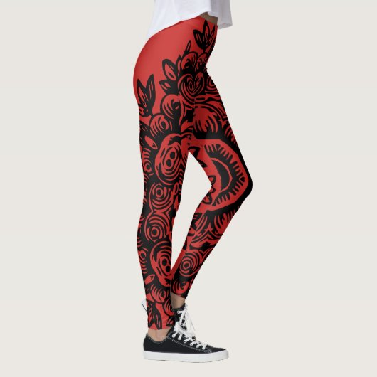 Red met Black Damask Pattern Athletic Leggings (Rechts)