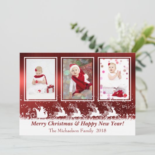 Red Metallic Santa Snow-kerstkaart Feestdagenkaart (Staand voorkant)