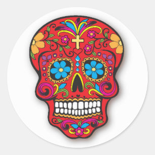 Red Mexican Sugar Skull Day of the Dead Ronde Sticker