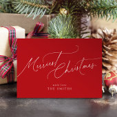 Red Minimalist Elegant Script Merriest Christmas Feestdagenkaart