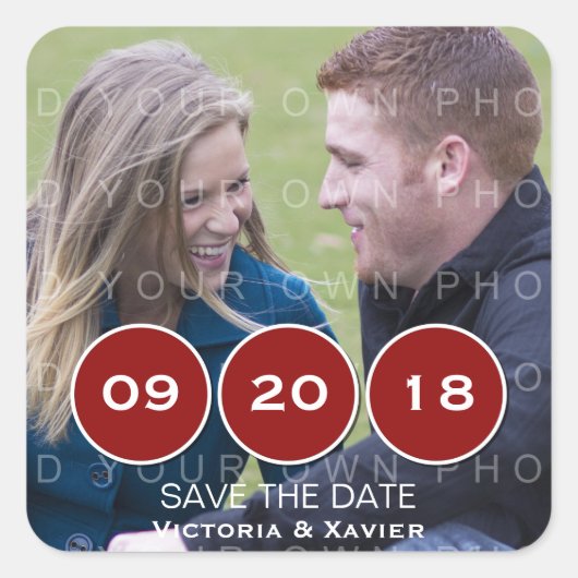 Red Modern Circles Photo Save the Date Stickers (Devant)