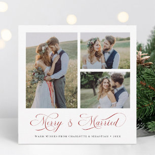 Red Modern Elegant Merry & Married Script 3 Foto Feestdagenkaart