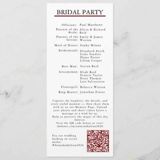 Red Modern Minimalist Bridal Program QR Code Programma (Achterkant)
