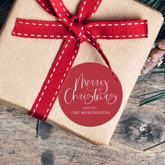 Red Modern Simple Calligraphy Merry Kerstry Ronde Sticker