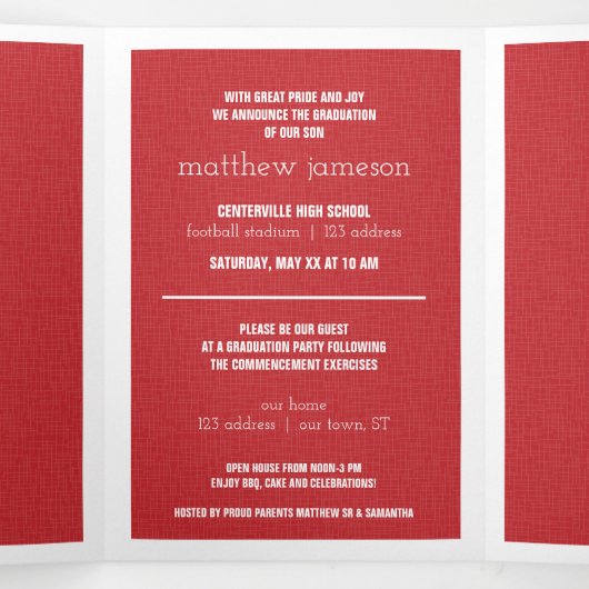 Red Modern Textured Photo Afstuderen Drieluik Uitnodiging (Binnenkant midden)