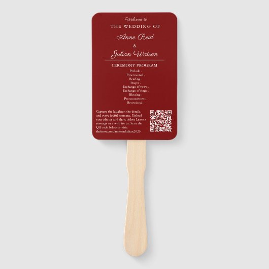 Red Modern Wedding Ceremony Program Hand fans Handwaaier (Voorkant)