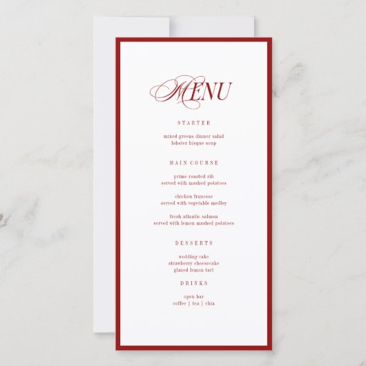 Red Modern Wedding Menu and Thank You Note Back (Devant)