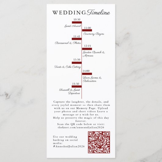 Red Modern  Wedding Timeline and Party QR Code Programma (Achterkant)