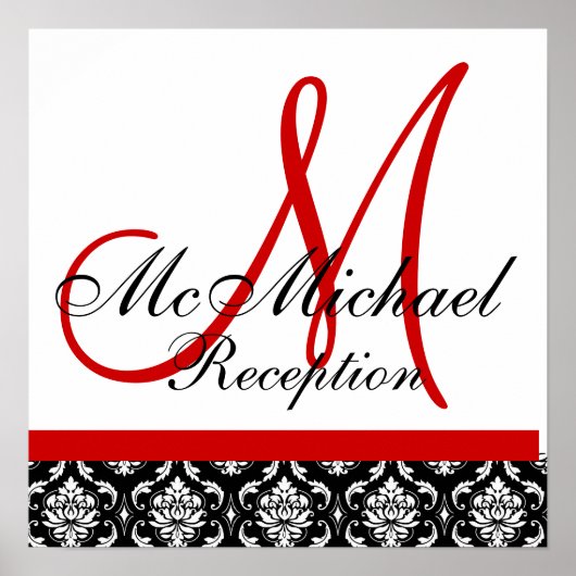 Red Monogram Damask Wedding Reception Poster (Voorkant)