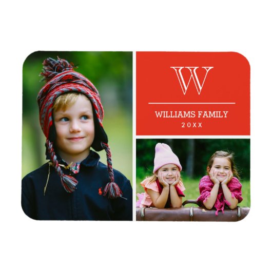 Red Monogram Family Photo Magnet Magneet (Horizontaal)