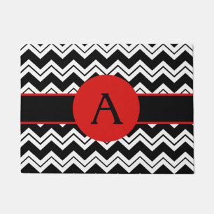 Red Monogram Initiaal Black White Chevron ZigZag Deurmat