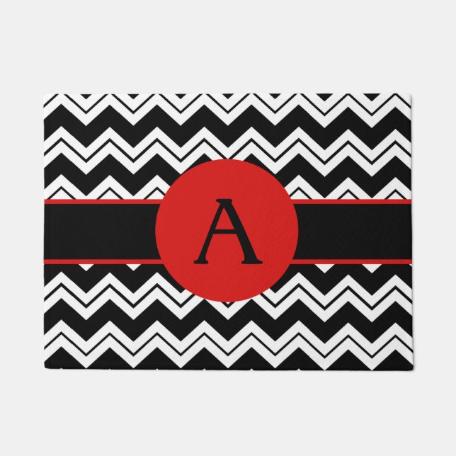 Red Monogram Initiaal Black White Chevron ZigZag Deurmat (Voorkant)