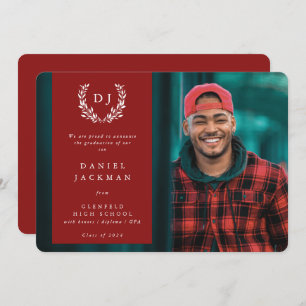 Red Monogram Laurel Wreath Afstuderen Foto Aankondiging