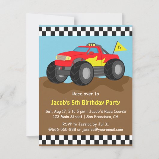 Red Monster Truck Birthday Party Kaart (Voorkant)