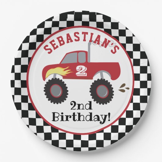 Red Monster Truck Birthday Racing Boys Papieren Bordje (Voorkant)