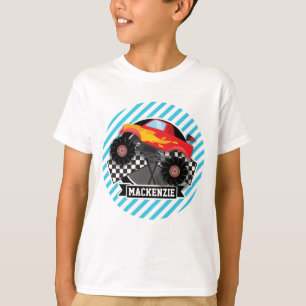 Red Monster Truck gecontroleerde vlag; Blauwe stre T-shirt