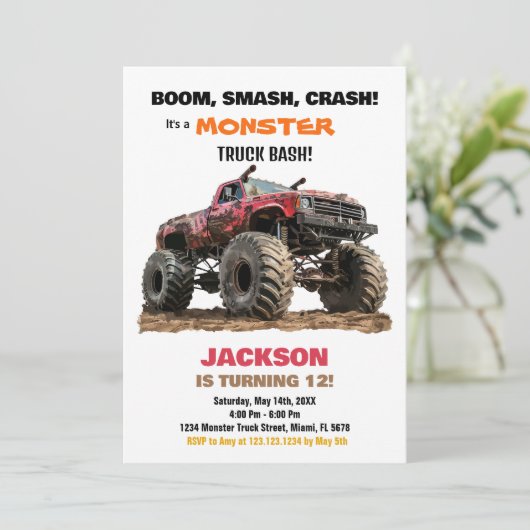 Red Monster Truck Invitations Anniversaire (Debout devant)