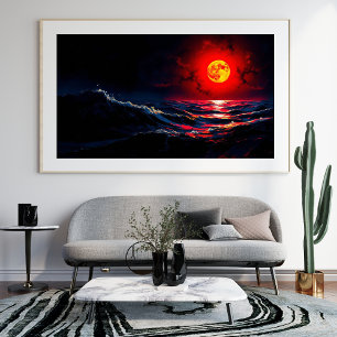 Red Moon Over Stormy Zee Fantasy Zeegezicht Foto Afdruk