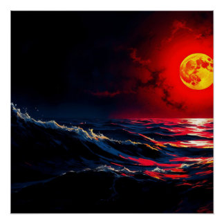 Red Moon Over Stormy Zee Fantasy Zeegezicht Perfect Poster